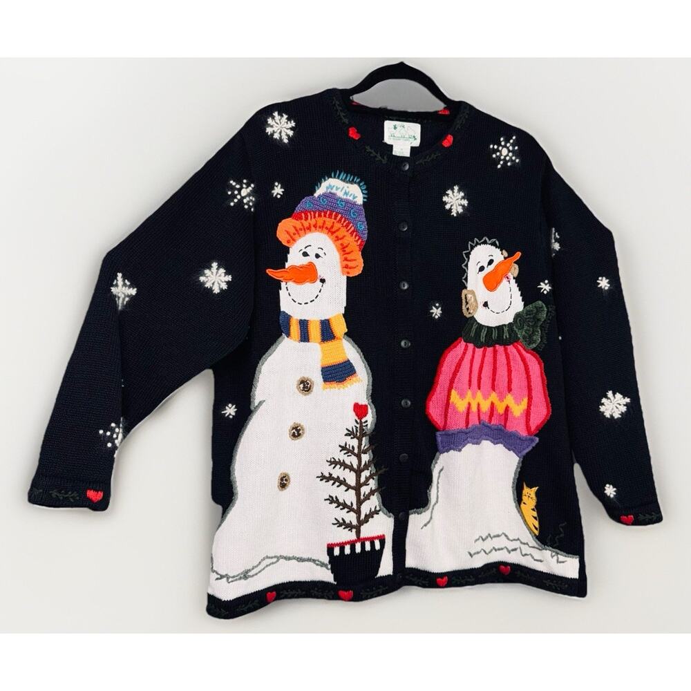 VTG Quacker Factory 1X Black Cardigan Sweater Snowman Christmas Embroidery Cats